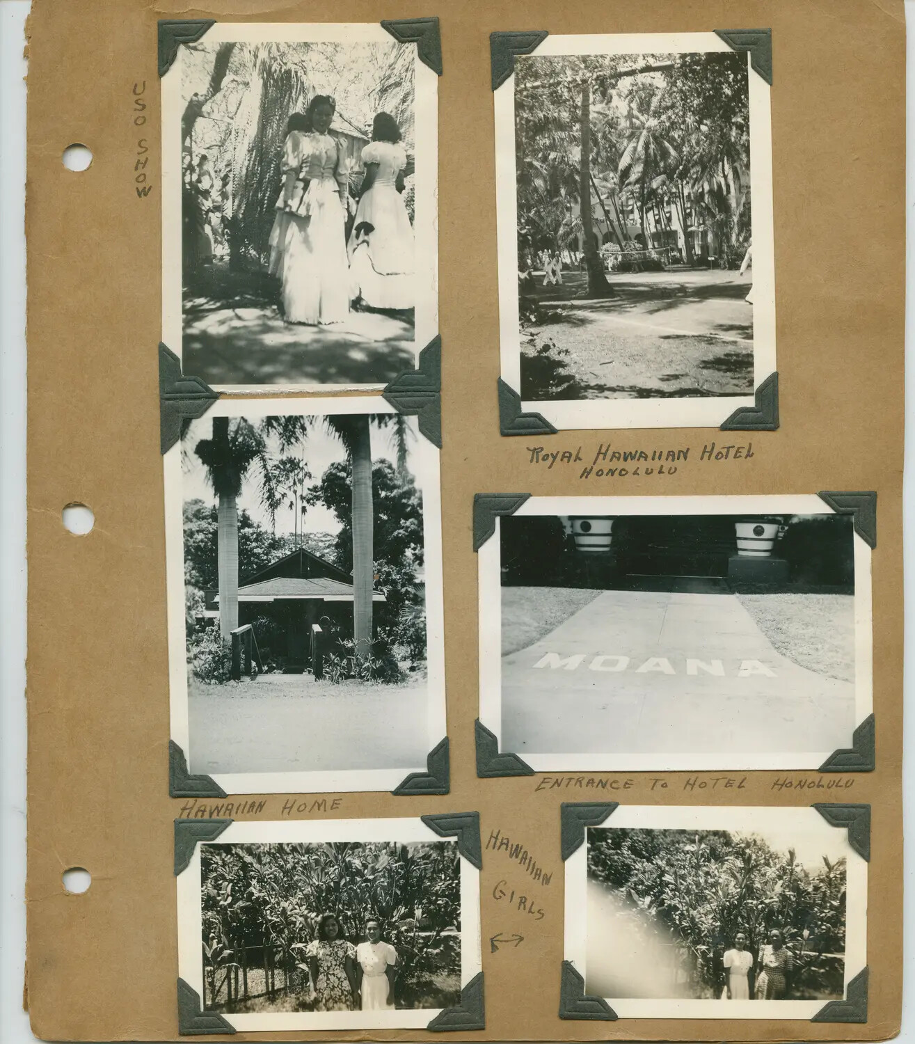 Album Page: USO Show, Royal Hawaiian and Moana Hotels, and Local Scenes, Honolulu, Hawaii, WWII Era