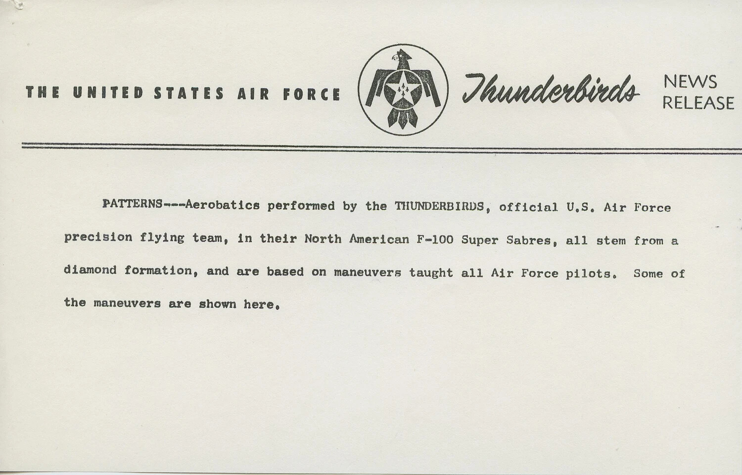 USAF Thunderbirds Official News Release Caption Sheet - 'Patterns'