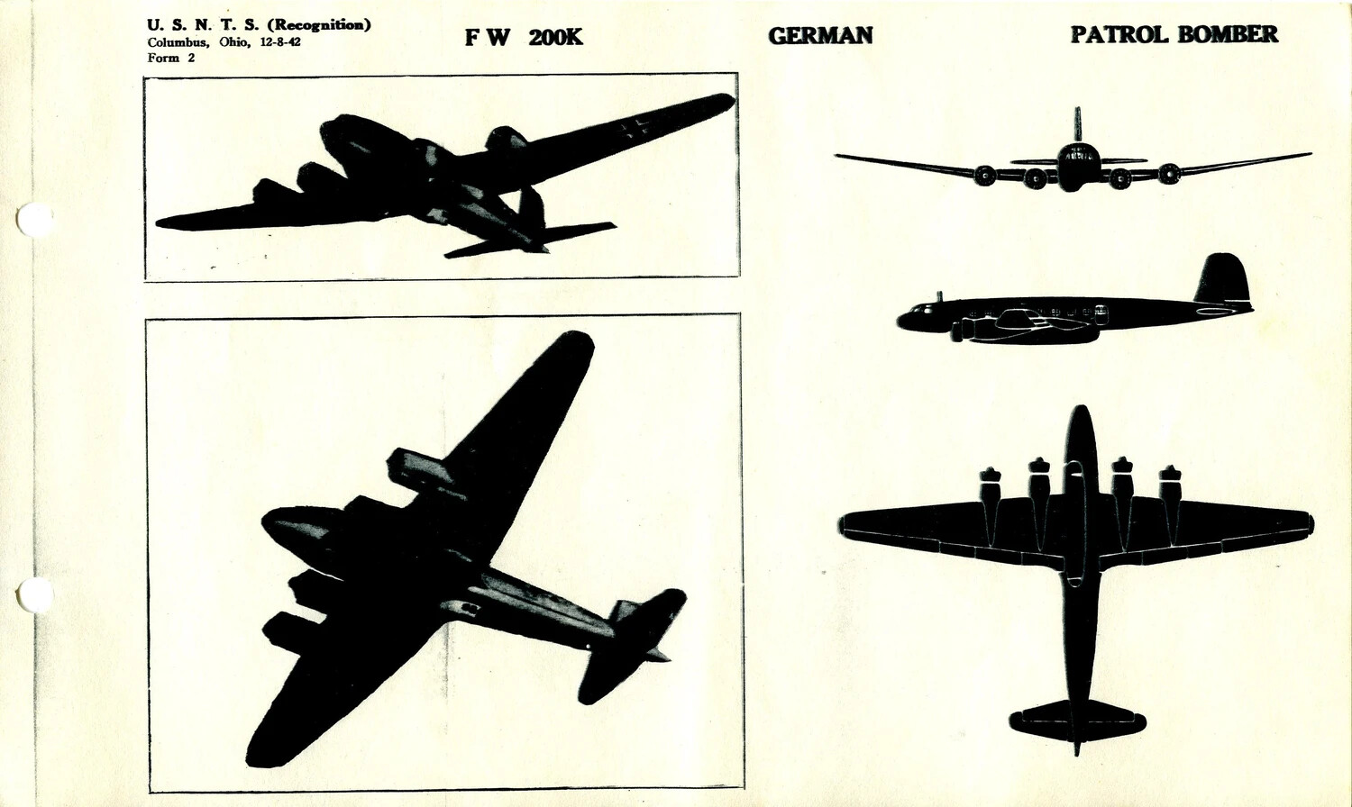 USNTS Aircraft Recognition Training Card: Focke-Wulf FW 200K, German Patrol Bomber (Form 2, 12-8-42)