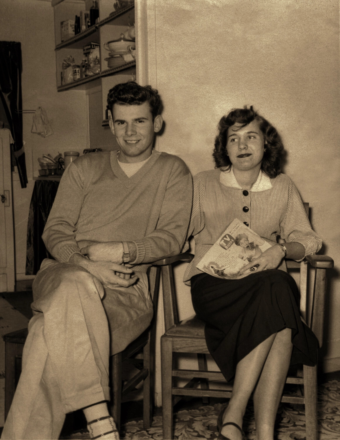 Young Couple Seated Indoors, Korean War-Era Family Snapshot