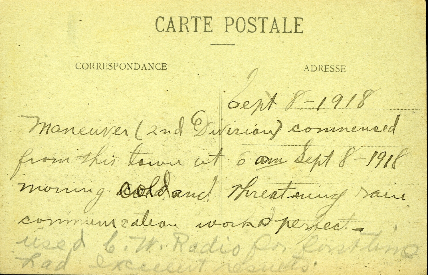 WWI Postcard Reverse: Handwritten Field Note on 2nd Division Maneuver and First Use of C.W. Radio, September 8, 1918