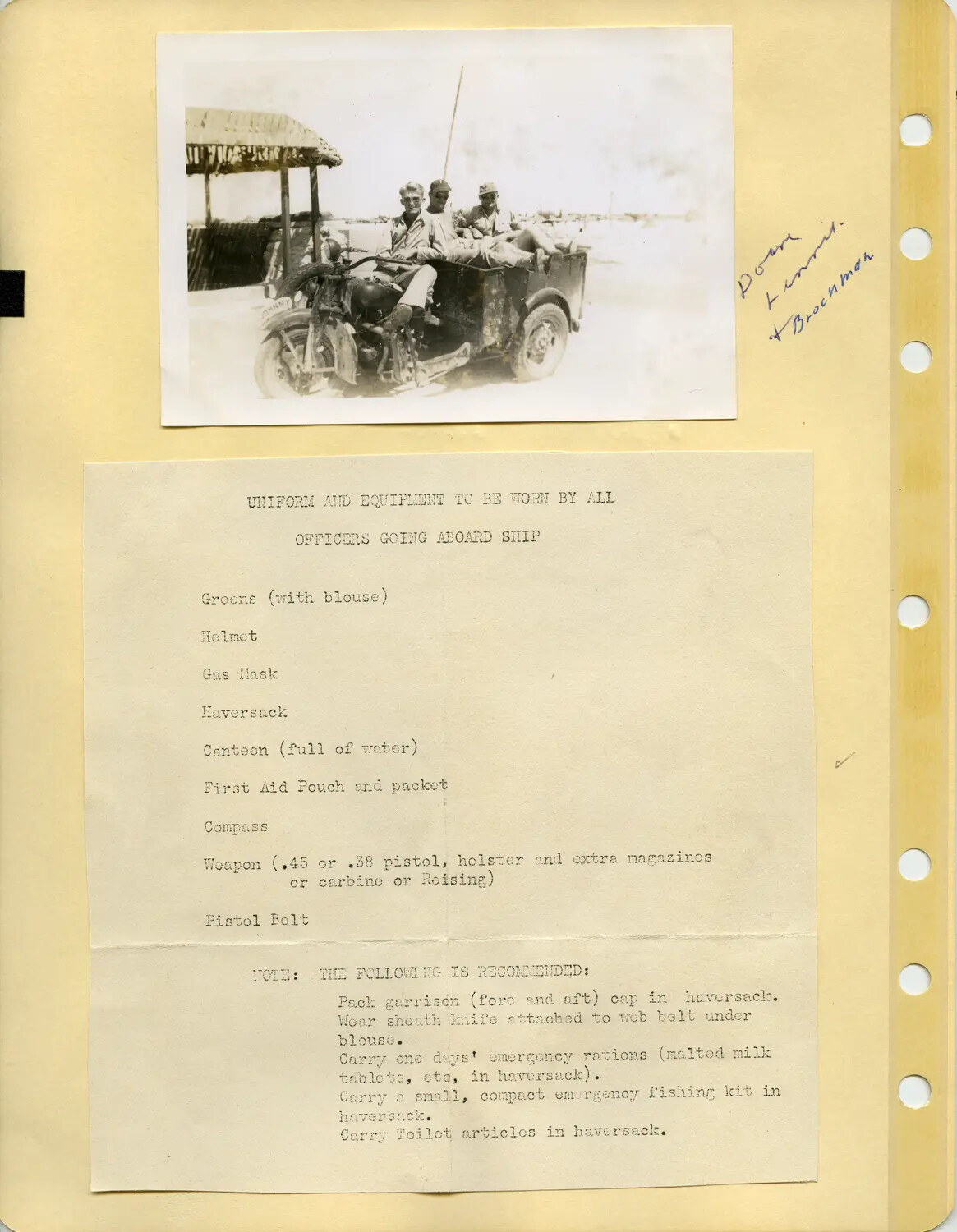 Scrapbook Page: Officers on Military Motorcycle with Sidecar, and Typed Shipboard Equipment Memorandum, Edward P. McAleer WWII Album