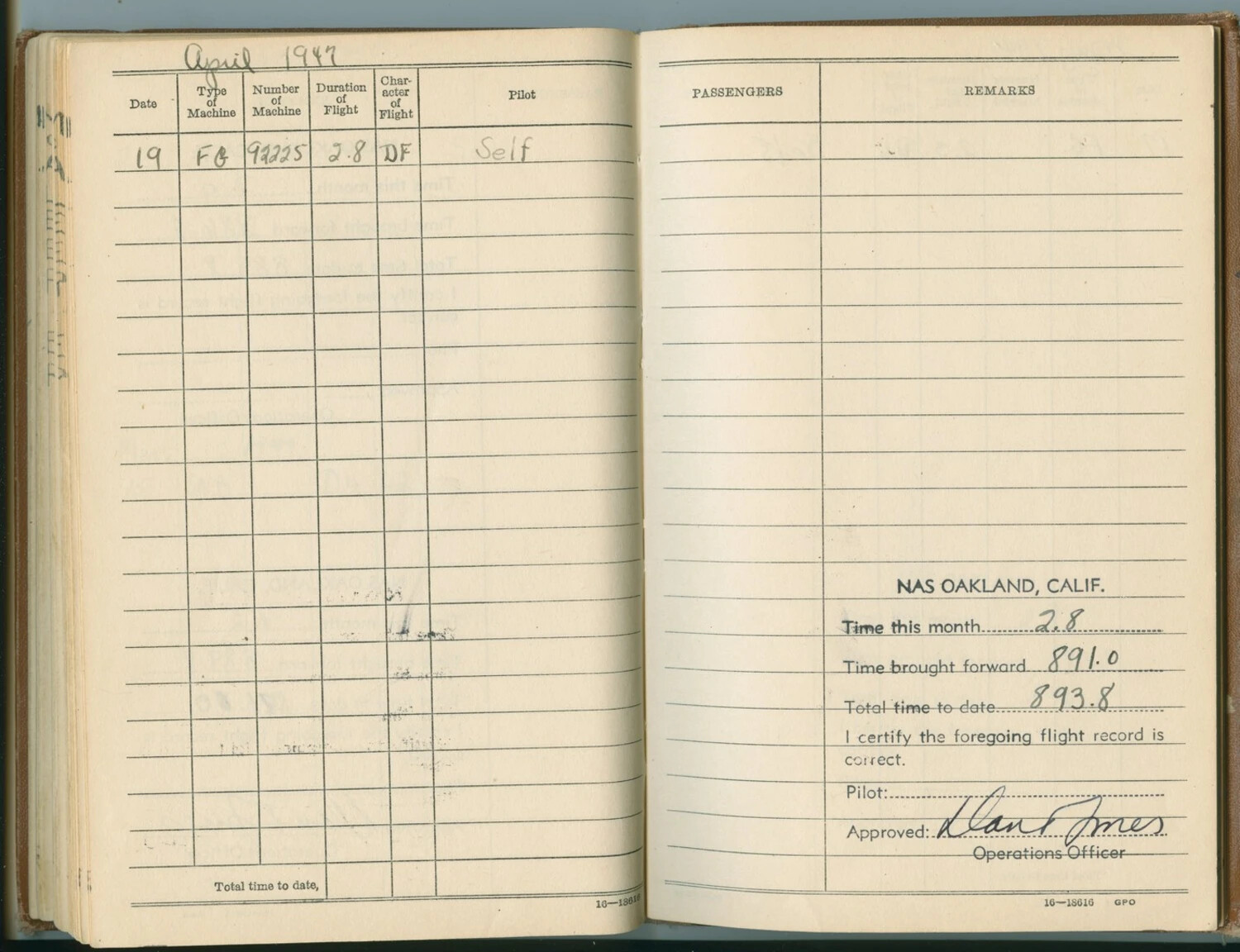 U.S. Navy Pilot Flight Log Book Page - April 1947, NAS Oakland, California