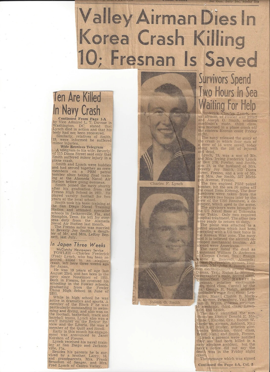 Newspaper Clippings: 'Valley Airman Dies In Korea Crash Killing 10; Fresnan Is Saved' — PBM Mariner Crash Off Korea, Korean War Era