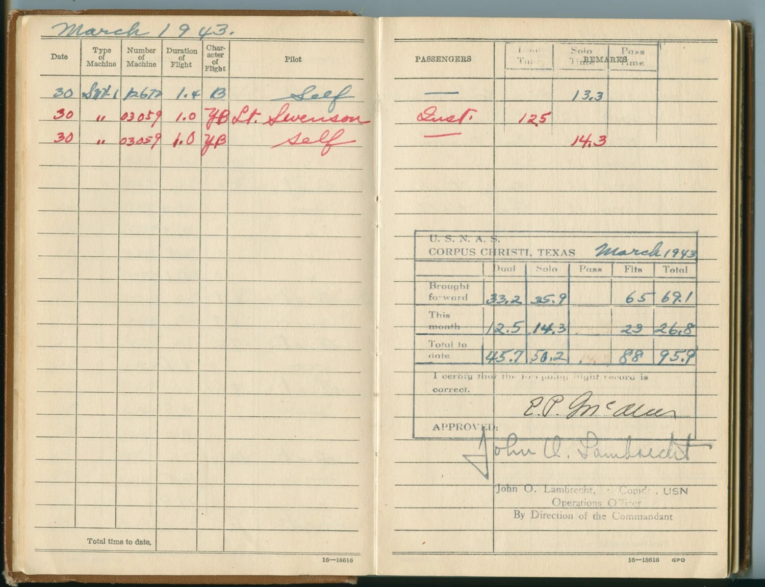 US Navy Flight Log Book, March 1943 -- NAS Corpus Christi, Texas (E.P. McAleer / Pat McAleer Collection)