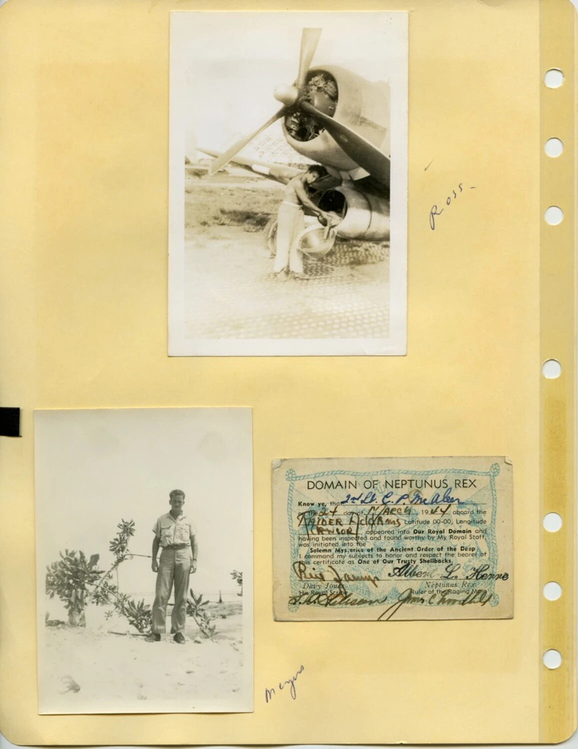 Photo Album Page: Aircraft Maintenance, Serviceman Portrait, and Equator-Crossing 'Shellback' Certificate, McAleer Collection, WWII