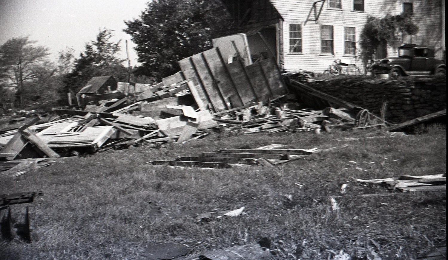 Hurricane Wreckage in Farmyard with House and Truck, Nashua, New Hampshire, September 1938