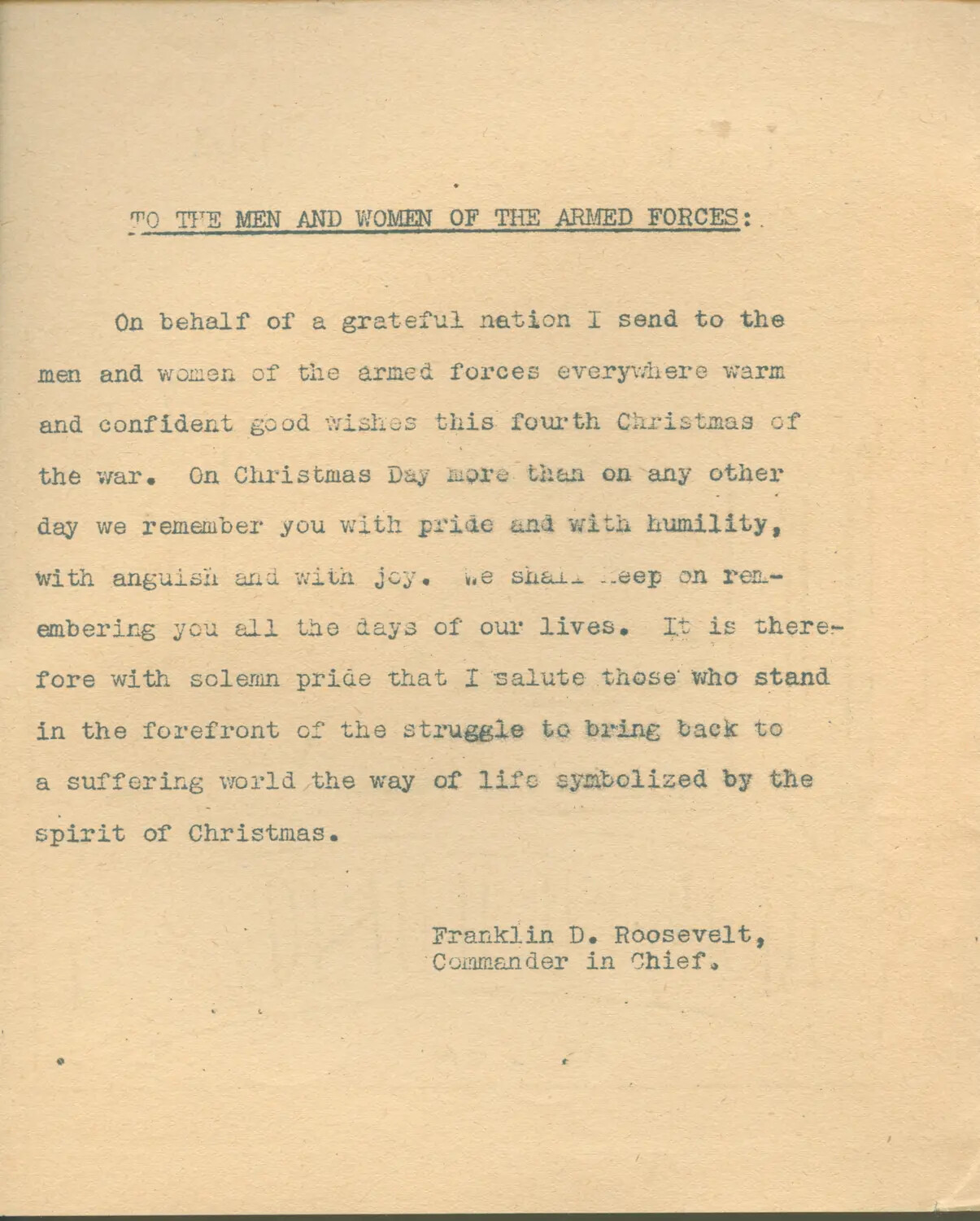 Christmas 1944 Message from President Franklin D. Roosevelt to the Armed Forces