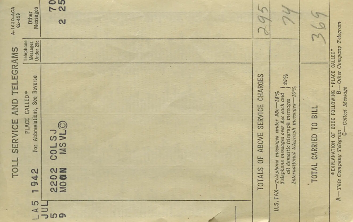 Toll Service and Telegrams Billing Slip, July 1942 (Moon Sammiet Correspondence)