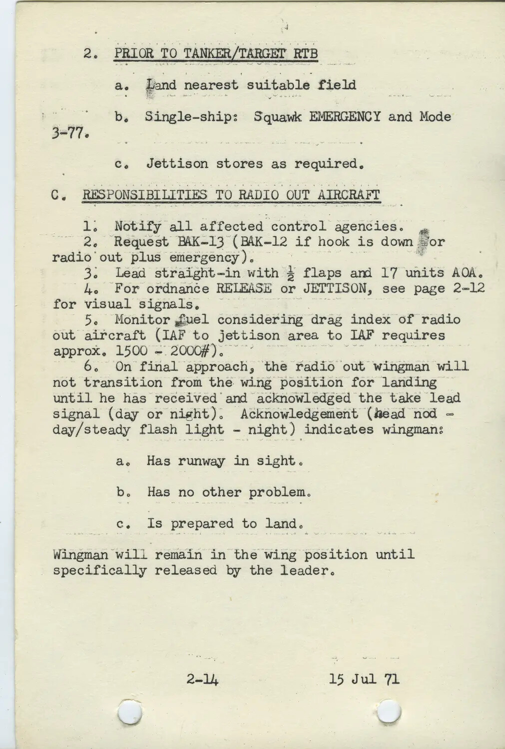 USAF Radio Out Procedures Reference Page (continued) and Responsibilities to Radio Out Aircraft, dated 15 Jul 71