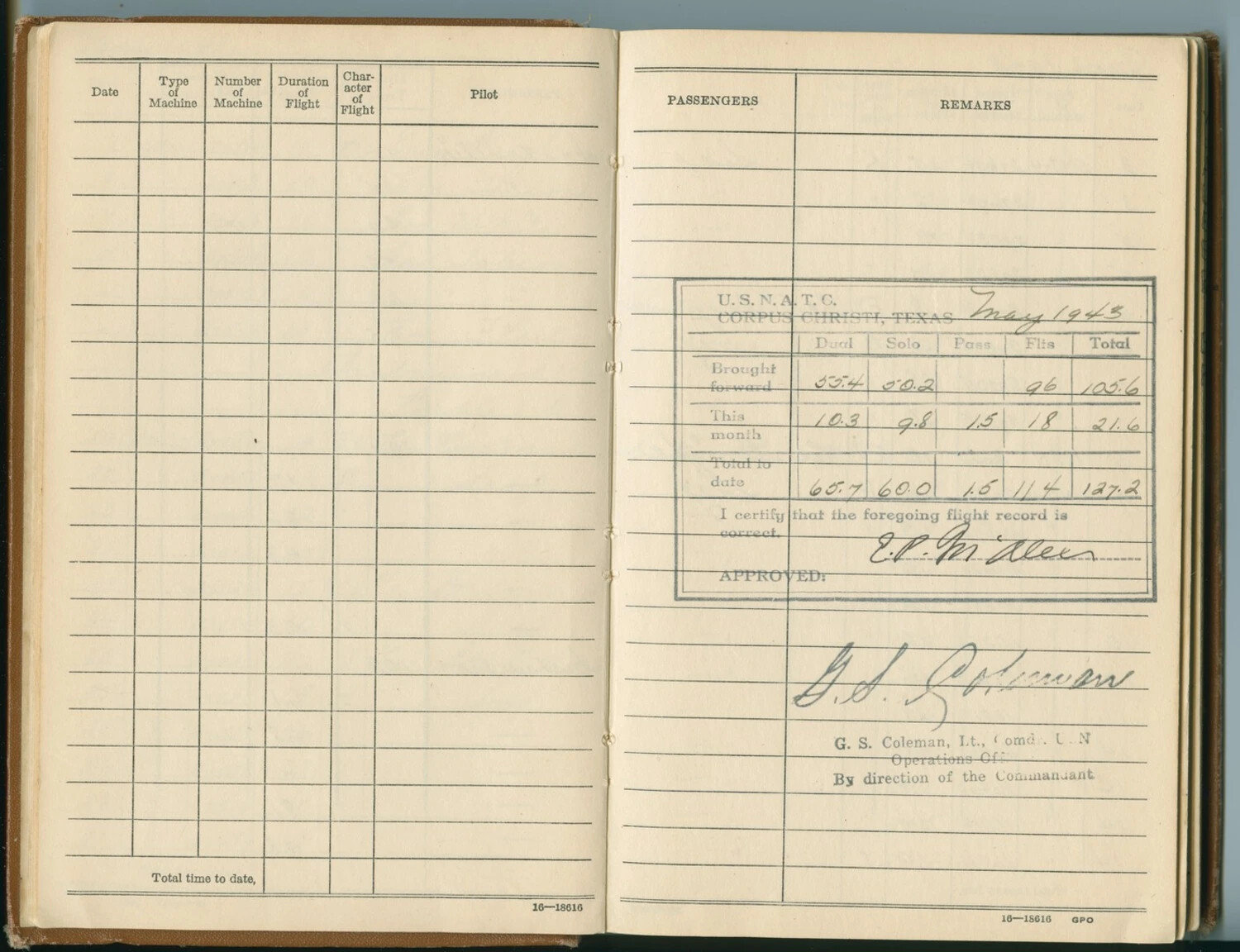 Flight Log Book Pages with Monthly Summary, U.S.N.A.T.C. Corpus Christi, Texas, May 1943 — Edward P. McAleer Collection