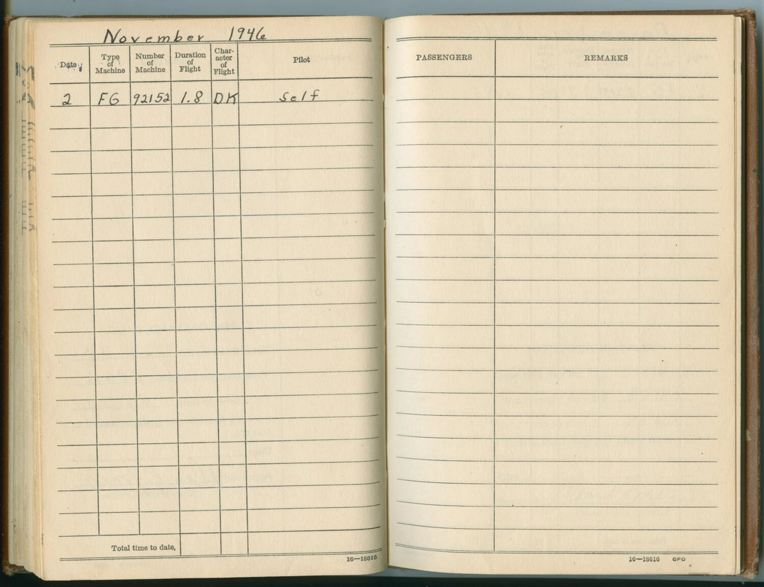U.S. Navy Pilot Flight Logbook Page, November 1946 – Pat McAleer Collection (FG Corsair Entry)