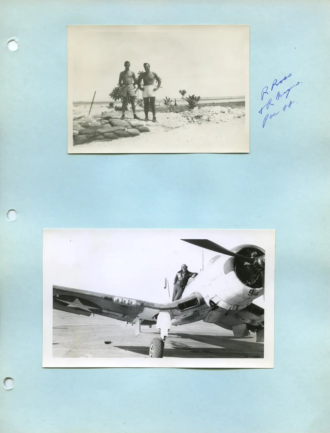 Photo Album Page: Servicemen at Beach Sandbag Position and Navy Fighter Aircraft No. 54, McAleer Collection