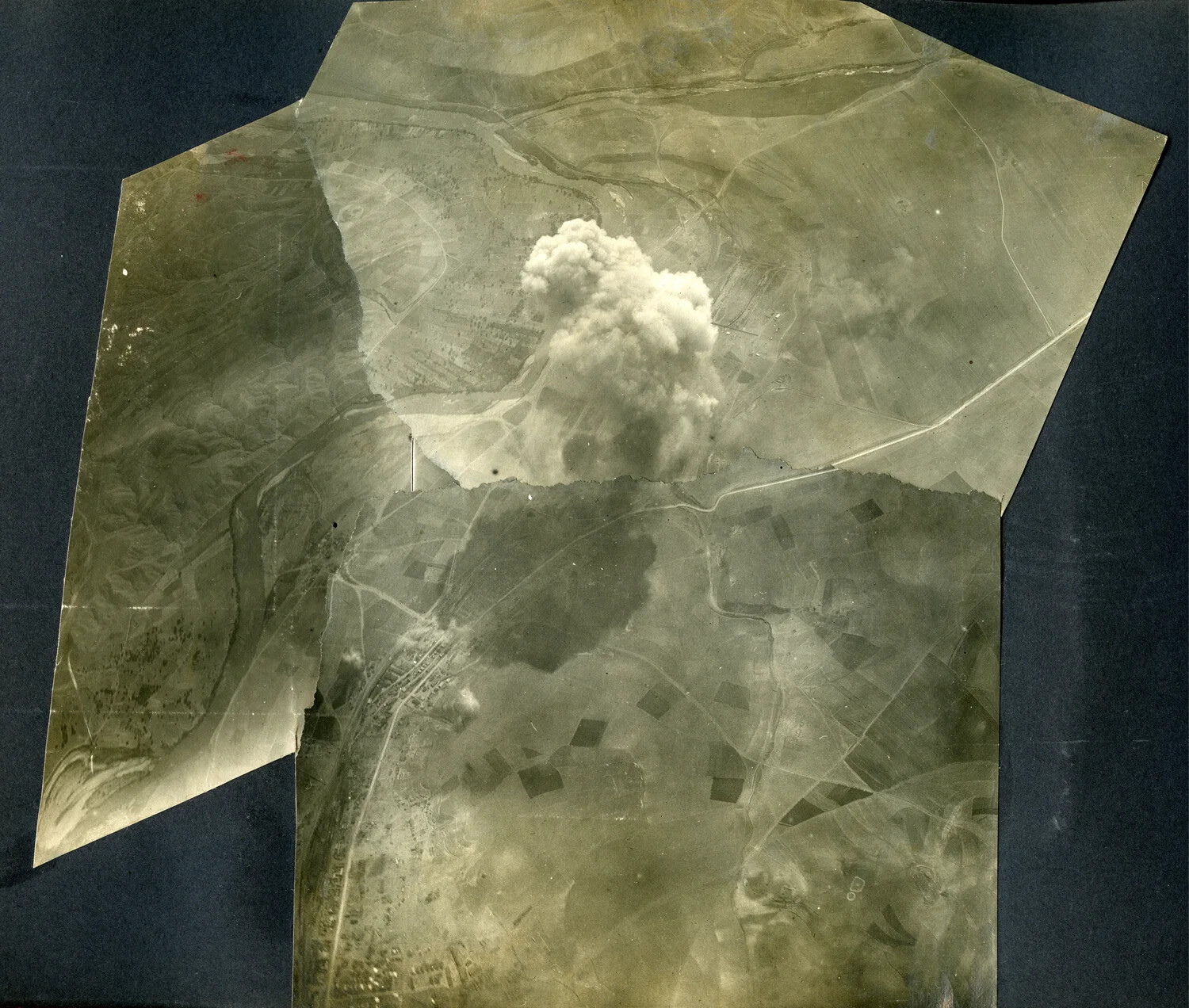 WWI Aerial Reconnaissance Photograph Showing Bomb/Shell Burst Over River Valley — French Pilot's Album