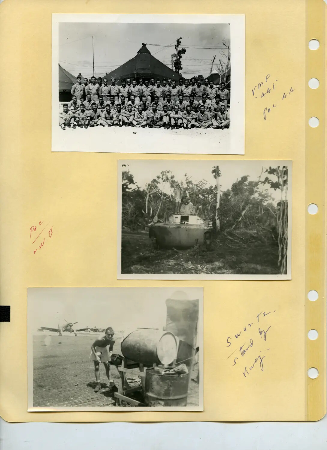WWII Marine Fighting Squadron 441 (VMF-441) Album Page: Squadron Group Portrait, Battle-Damaged Armor, and Airfield Life in the Pacific