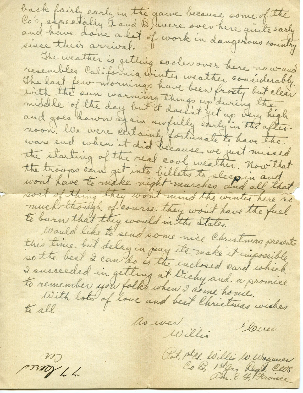 Handwritten Letter from Pvt. Willis W. Wagener, 1st Gas Regiment, Chemical Warfare Service, AEF France, to His Father, November 24, 1918