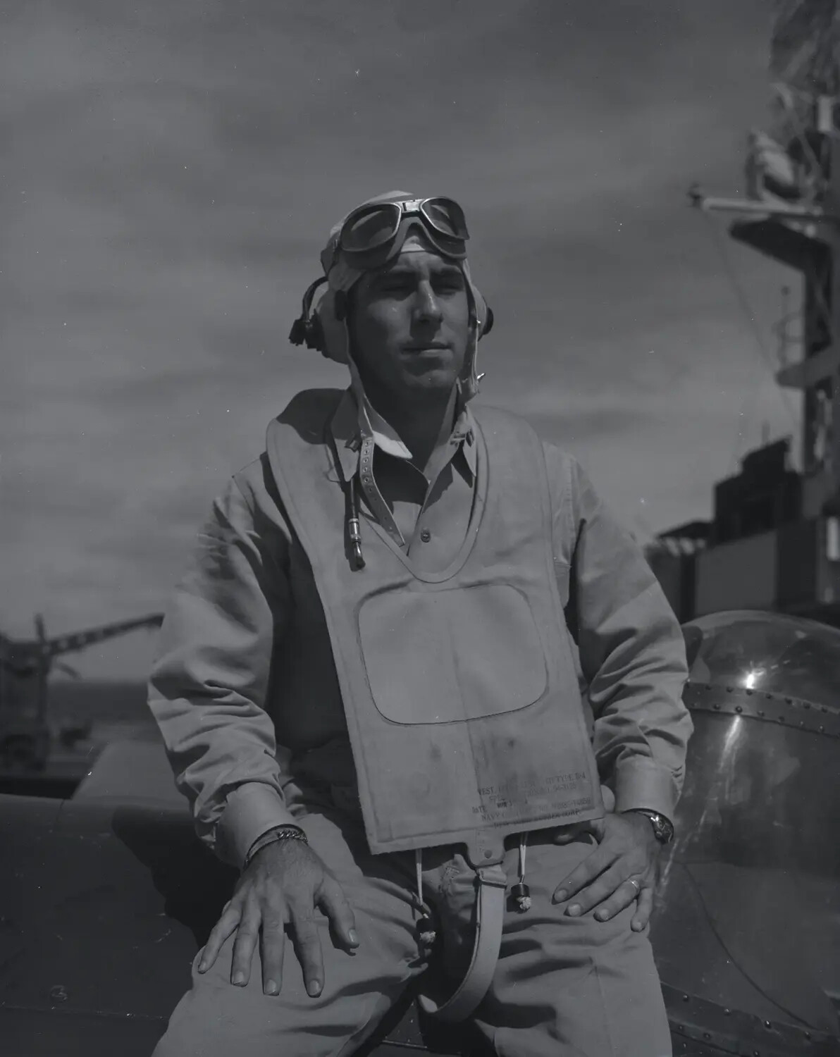 Portrait of a Naval Aviator in Flight Gear Aboard USS Petrof Bay (CVE-80)