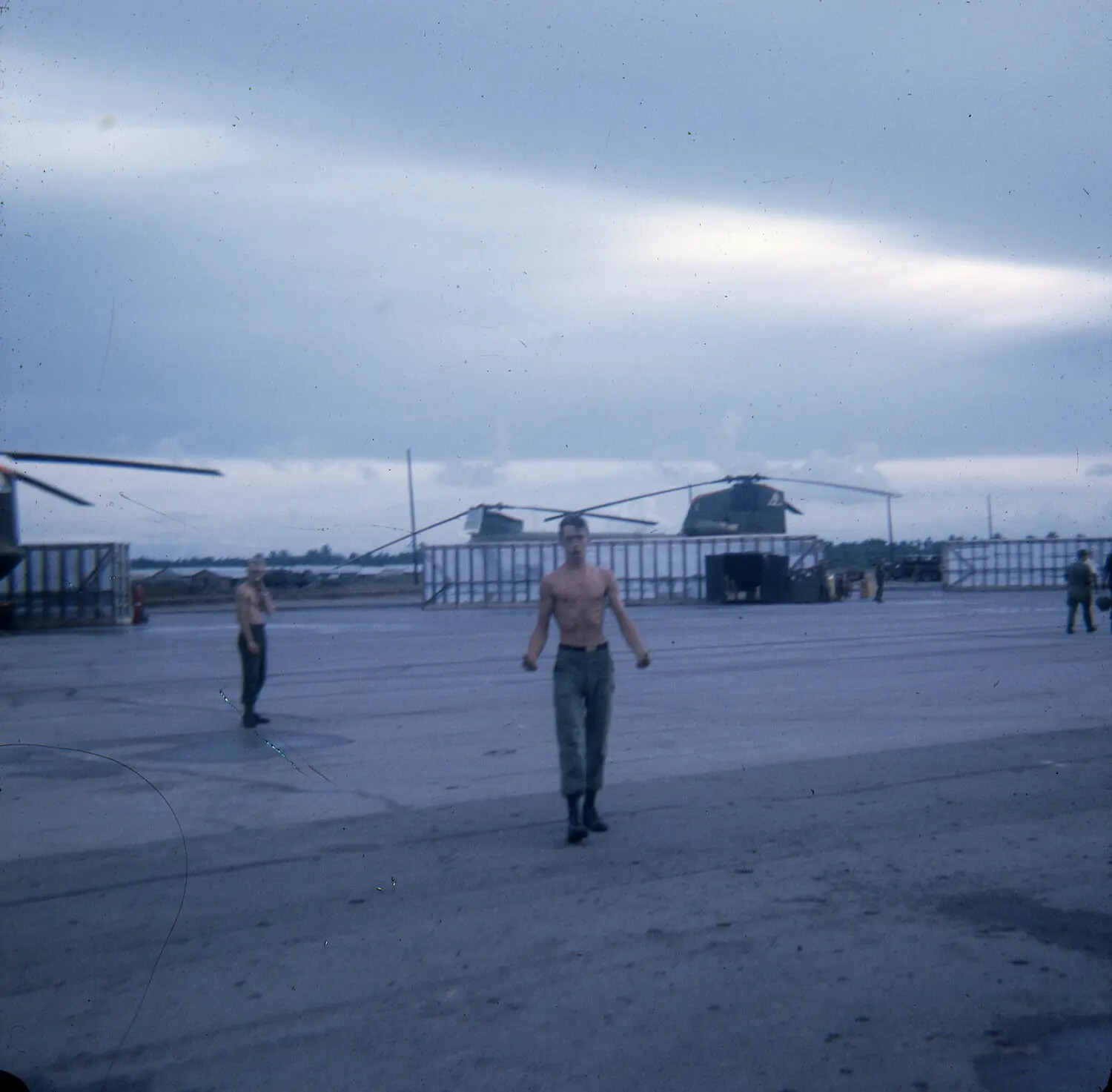 Soldiers on Flight Line with CH-47 Chinook Helicopters, Vietnam War Era