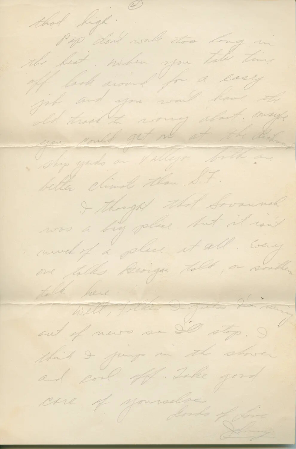 Handwritten Letter, Page 2 -- Wartime Correspondence Referencing Savannah, Georgia and California Shipyards