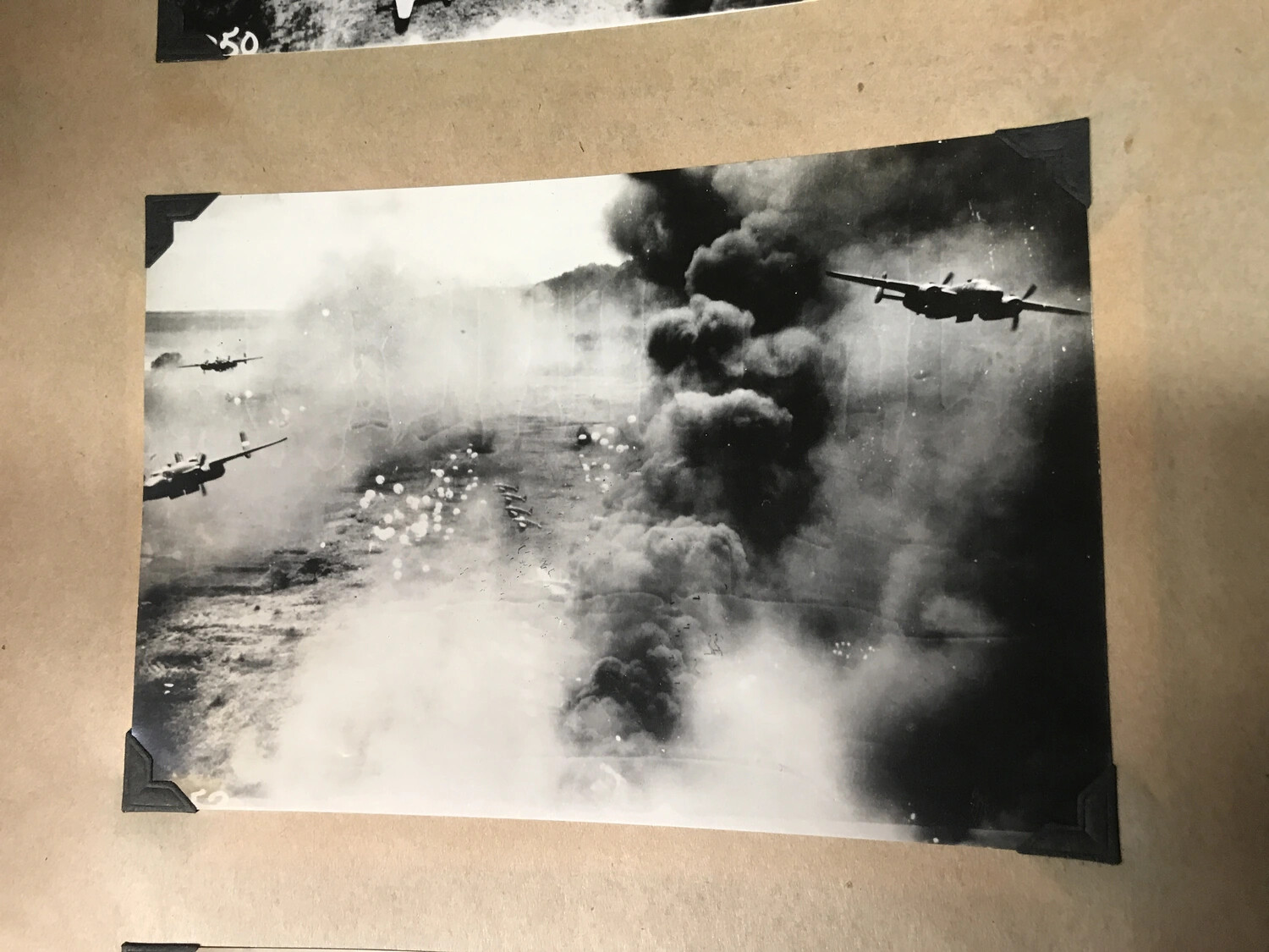 Scrapbook Mount (Full Frame): Three B-25 Mitchells During Dagua Airfield Smoke Column Strike