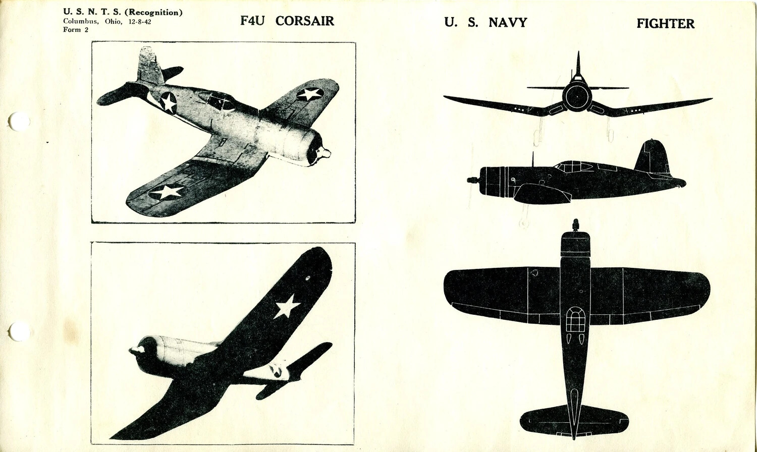 U.S.N.T.S. Aircraft Recognition Card: F4U Corsair Fighter (Form 2, Columbus, Ohio, 12-8-42)