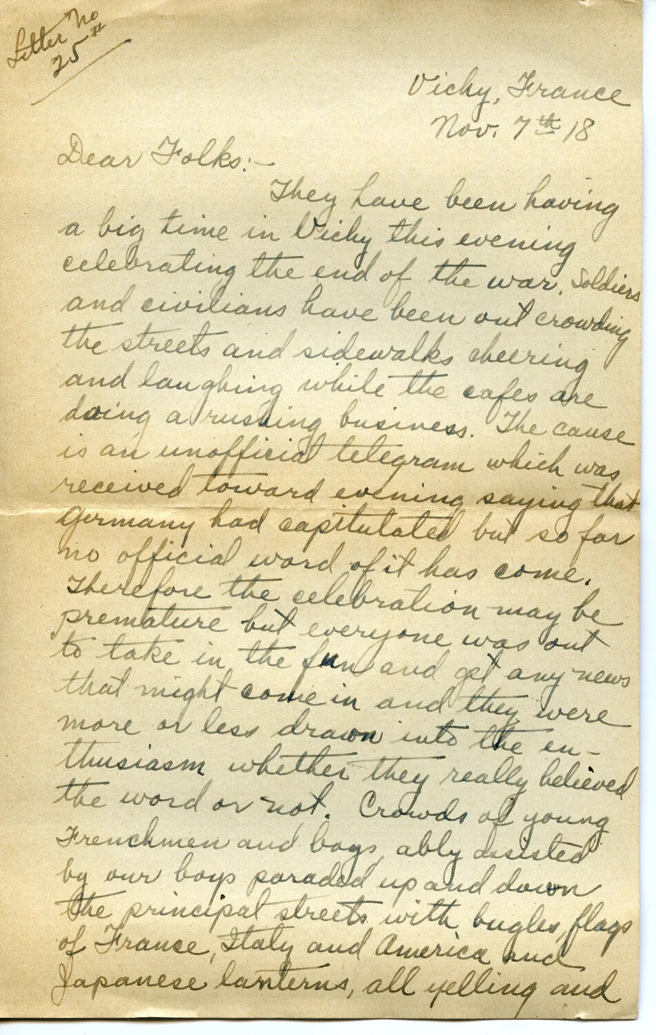 WWI Letter from Pvt. Willis W. Wagener, Vichy, France, November 7, 1918