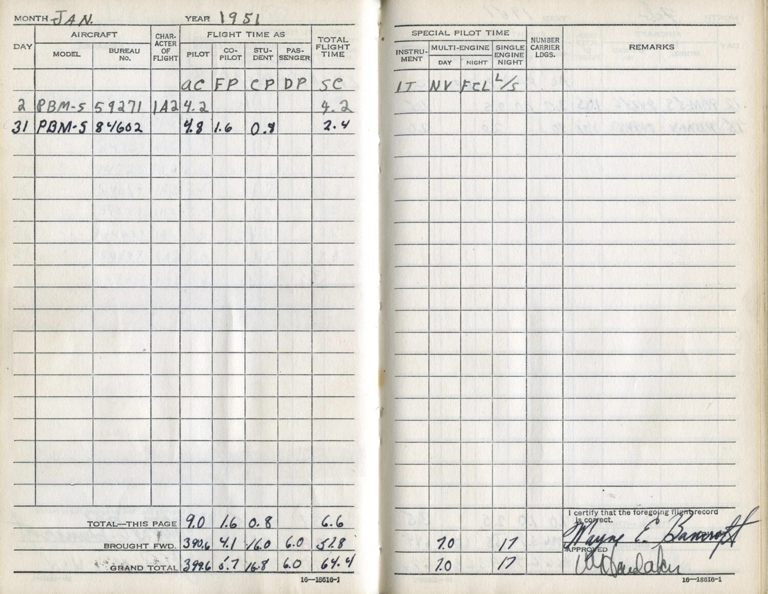U.S. Navy Pilot Flight Logbook Page, Lt. Wayne E. Bancroft, January 1951 (PBM-5 Mariner Flights)