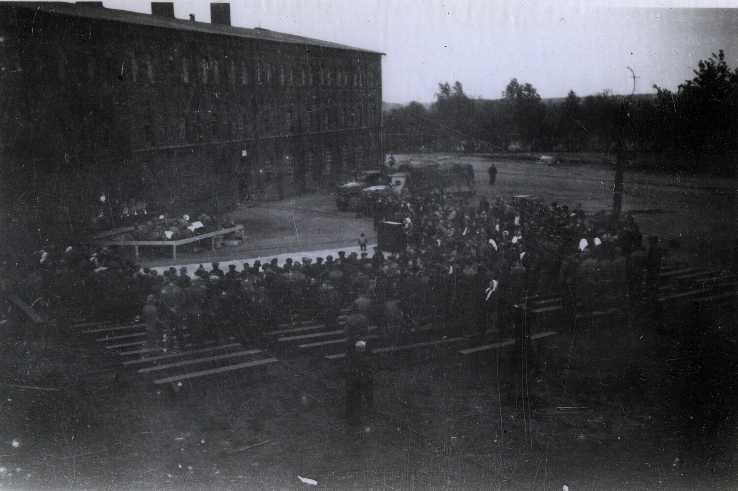 American Airborne Troops Assembled for Outdoor Ceremony or Concert, European Theater, WWII