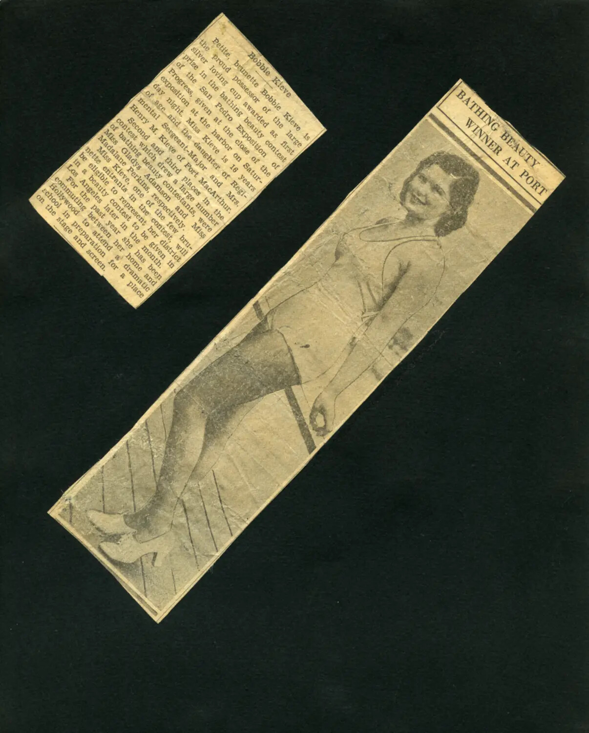 Newspaper Clipping, 'Bathing Beauty Winner at Port' – San Pedro Harbor Exposition, 1930s Scrapbook Page