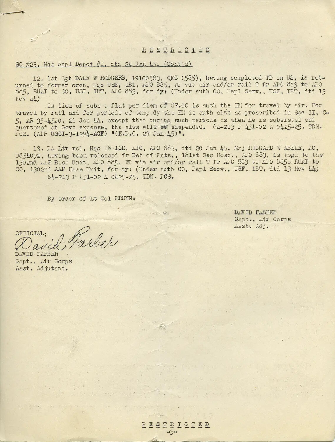 Restricted Special Order No. 23, Headquarters Replacement Depot No. 1, India-Burma Theater, 24 January 1945 (Page 3)