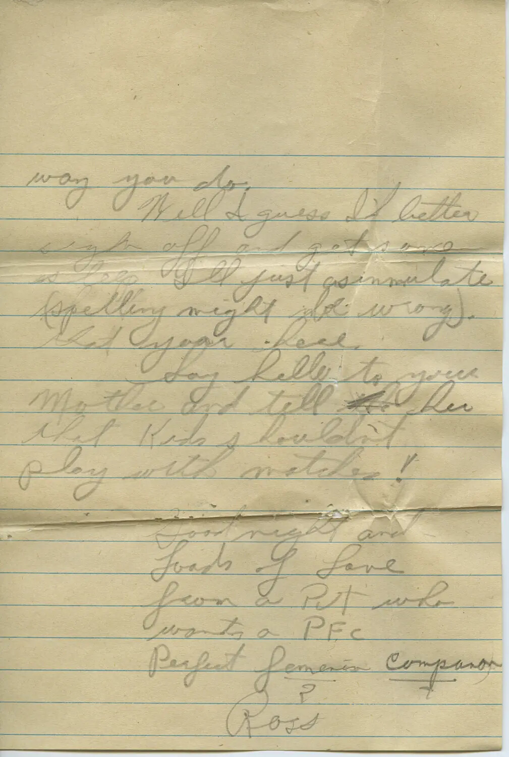 Handwritten Closing Page of WWII Personal Letter Signed "Ross," Moon/Sammiet Collection