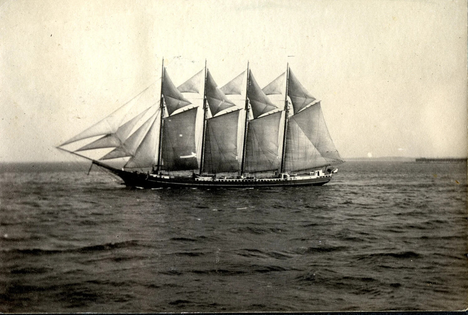 Five-Masted Commercial Schooner Under Full Sail, Photographed at Sea, c. 1900s