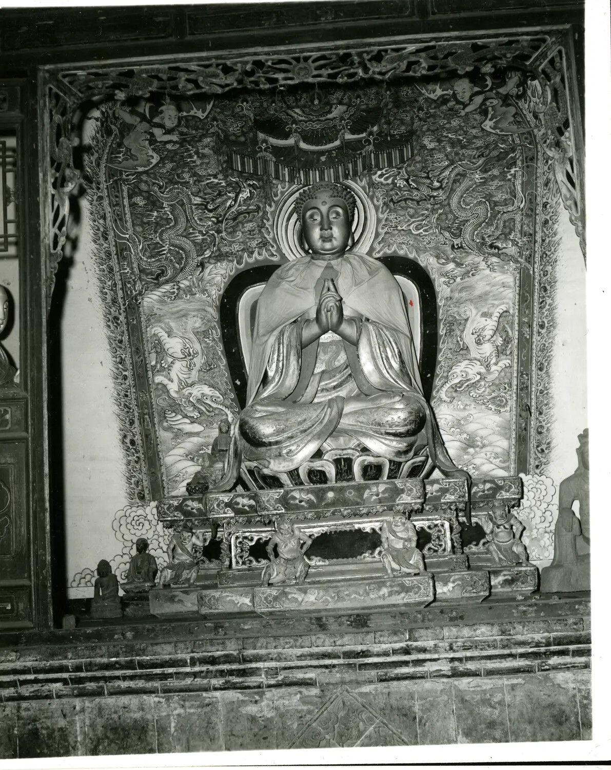 Gilded Buddha Statue in Ornate Temple Shrine, China-Burma-India Theater