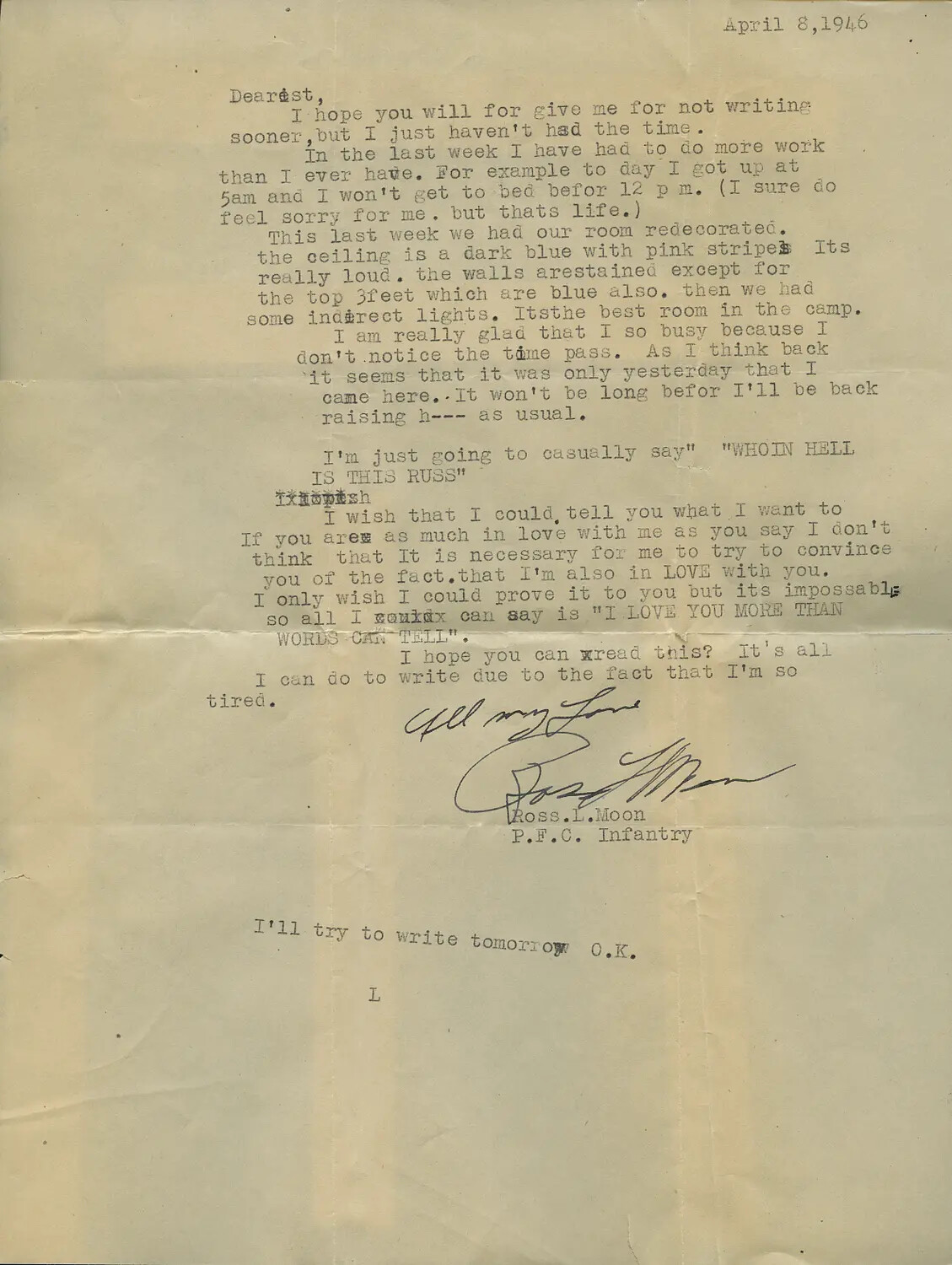 Typewritten Letter from Ross L. Moon, PFC Infantry, to Sweetheart, April 8, 1946