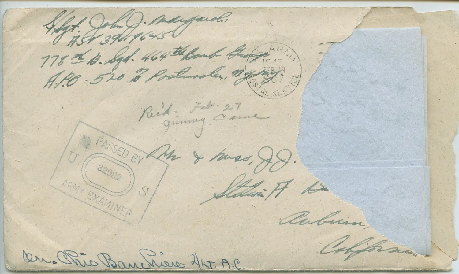 Censored WWII Mail Envelope – S/Sgt. John J. Margaroli, 778th Bomb Sqd., 464th Bomb Group, February 1945