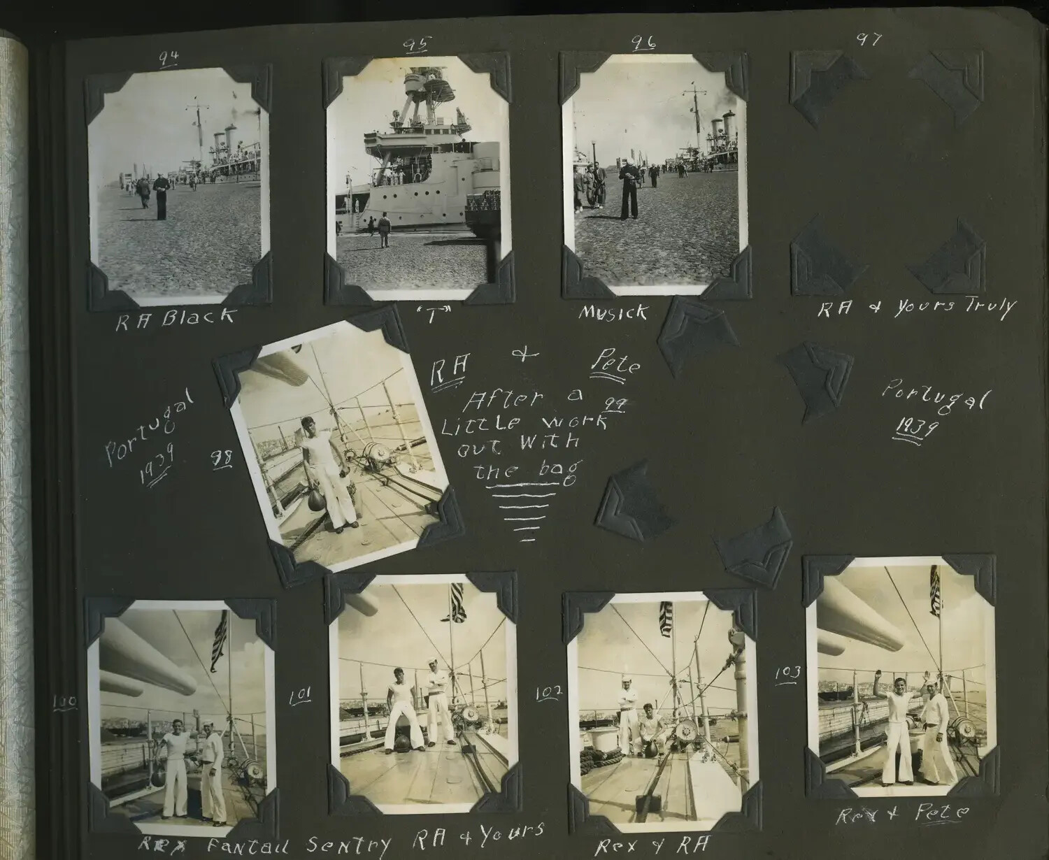 Scrapbook Page: USS Trenton Crew Ashore and Aboard, Lisbon, Portugal, 1939 (Photographs 94-103)