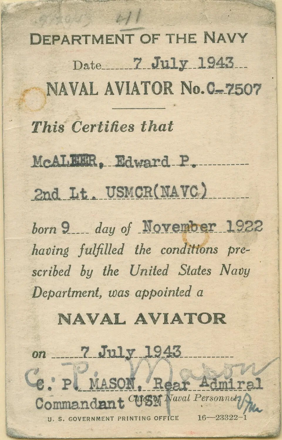 U.S. Navy Department Naval Aviator Certificate Card - 2nd Lt. Edward P. McAleer, USMCR, 7 July 1943