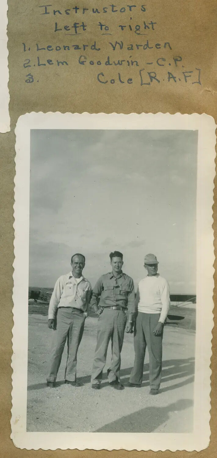 Flight Instructors Warden, Goodwin (Chief Pilot), and Cole (R.A.F.) – V-5 Naval Aviation Cadet Primary Training Field, WWII Era