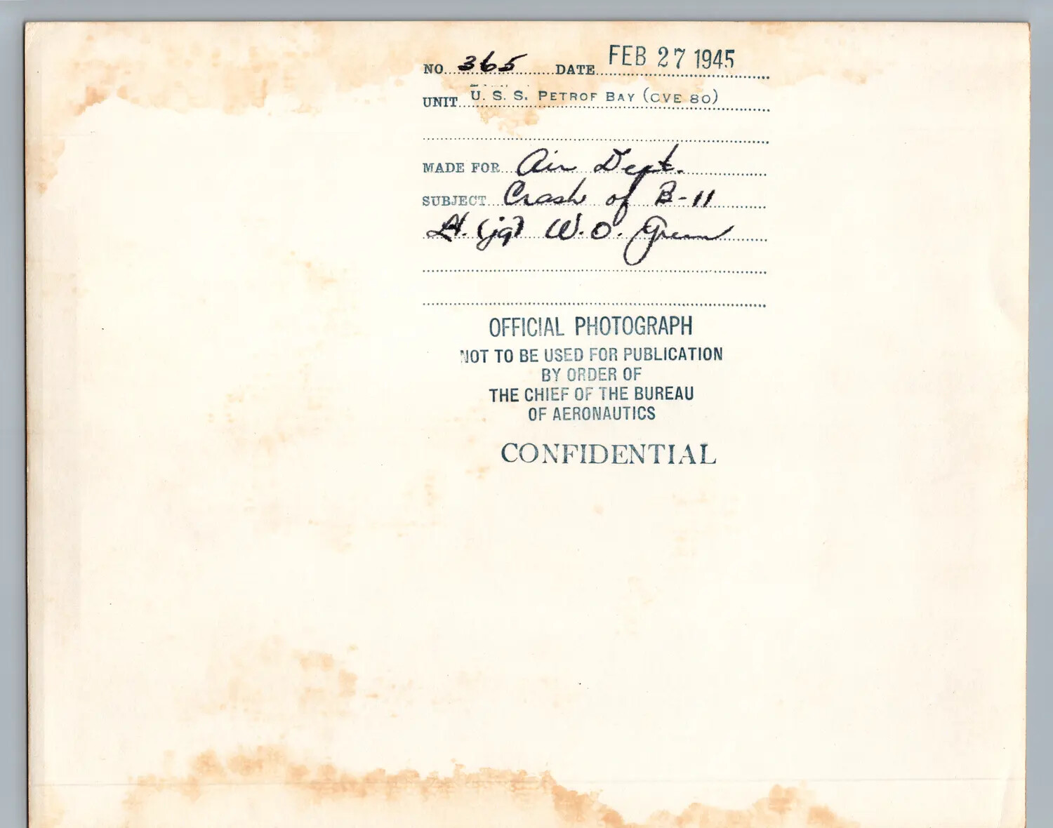 Caption Card, U.S.S. Petrof Bay (CVE-80), 27 February 1945 - Crash of Aircraft B-11, Lt(jg) W.O. Green (Companion Card)