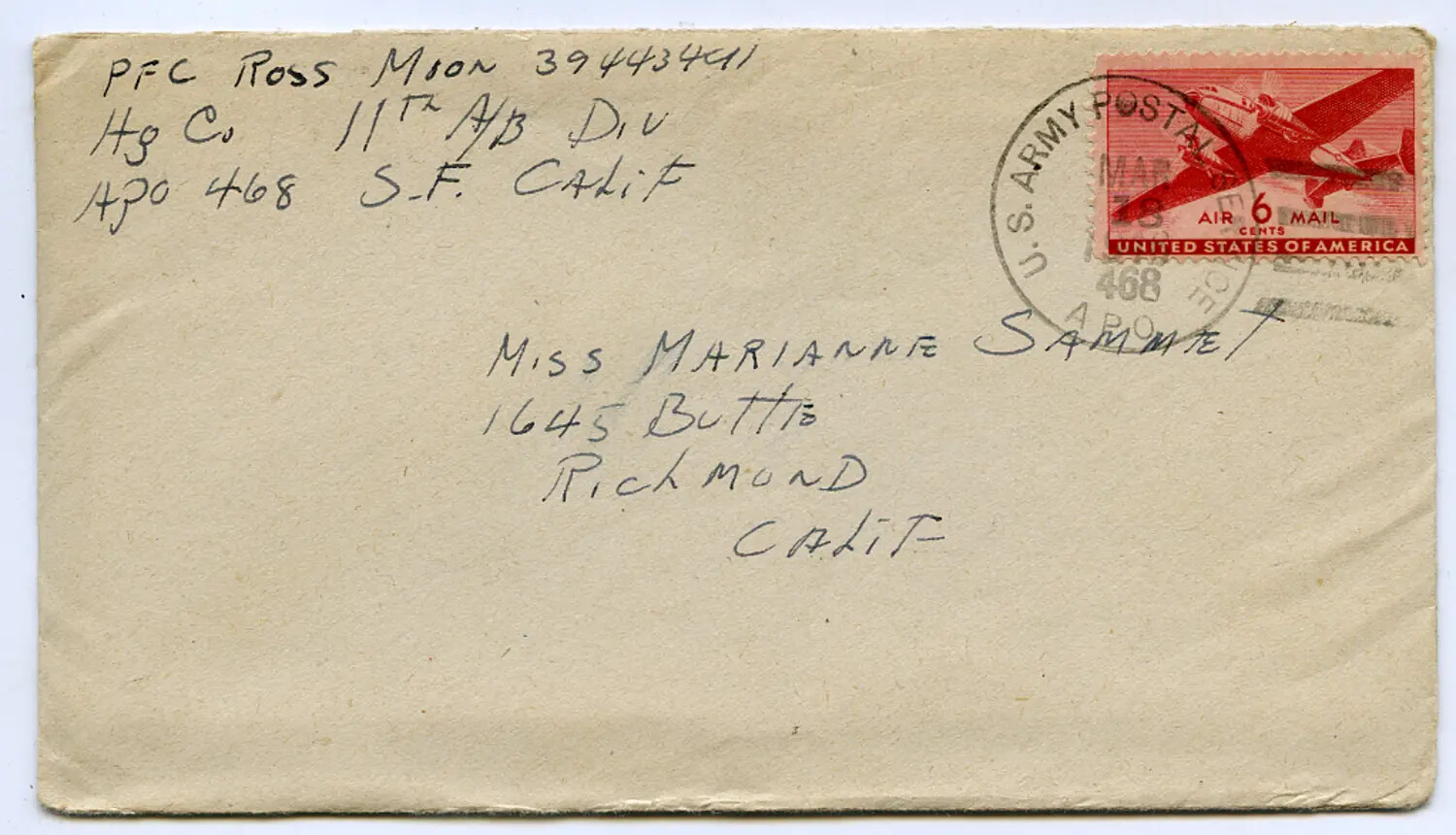 WWII Airmail Envelope, PFC Ross Moon, 11th Airborne Division, to Marianne Sammiet, Richmond, California