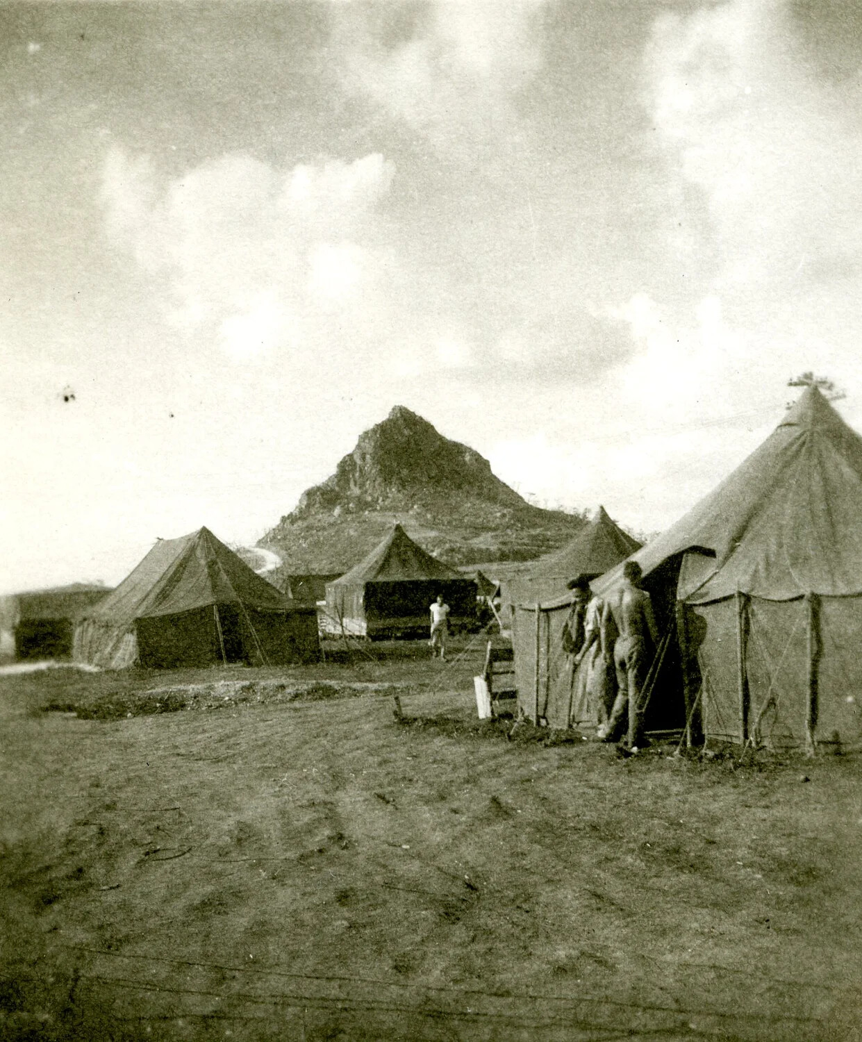 Tent Camp with Iegusugu Pinnacle in Background, Ie Shima, WWII Photo Album