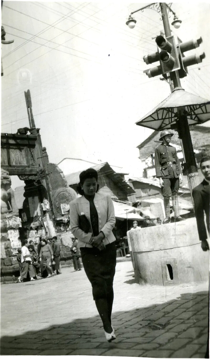 Urban Street Scene with Soldier and Pedestrians, China-Burma-India Theater, WWII