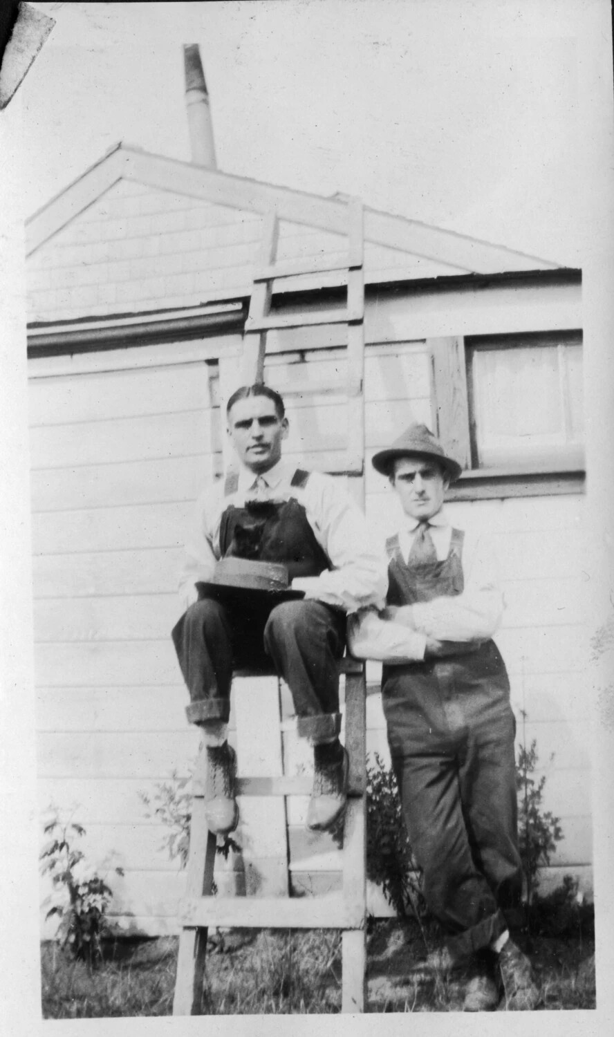 Two Young Men on a Wooden Ladder Structure, circa 1920-1928