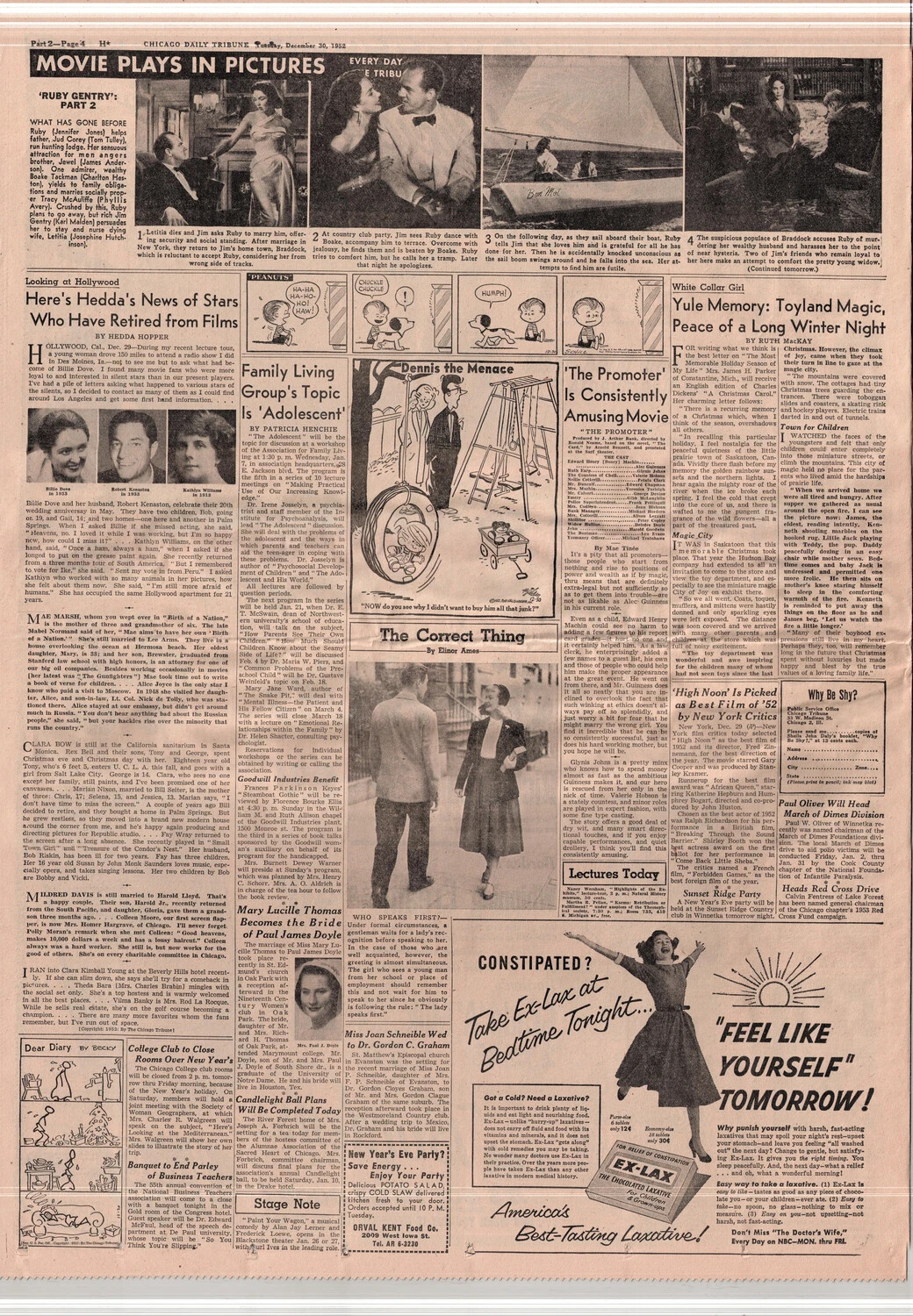 Chicago Daily Tribune, Part 2 Page 4, December 30, 1952 — Entertainment and Society Section