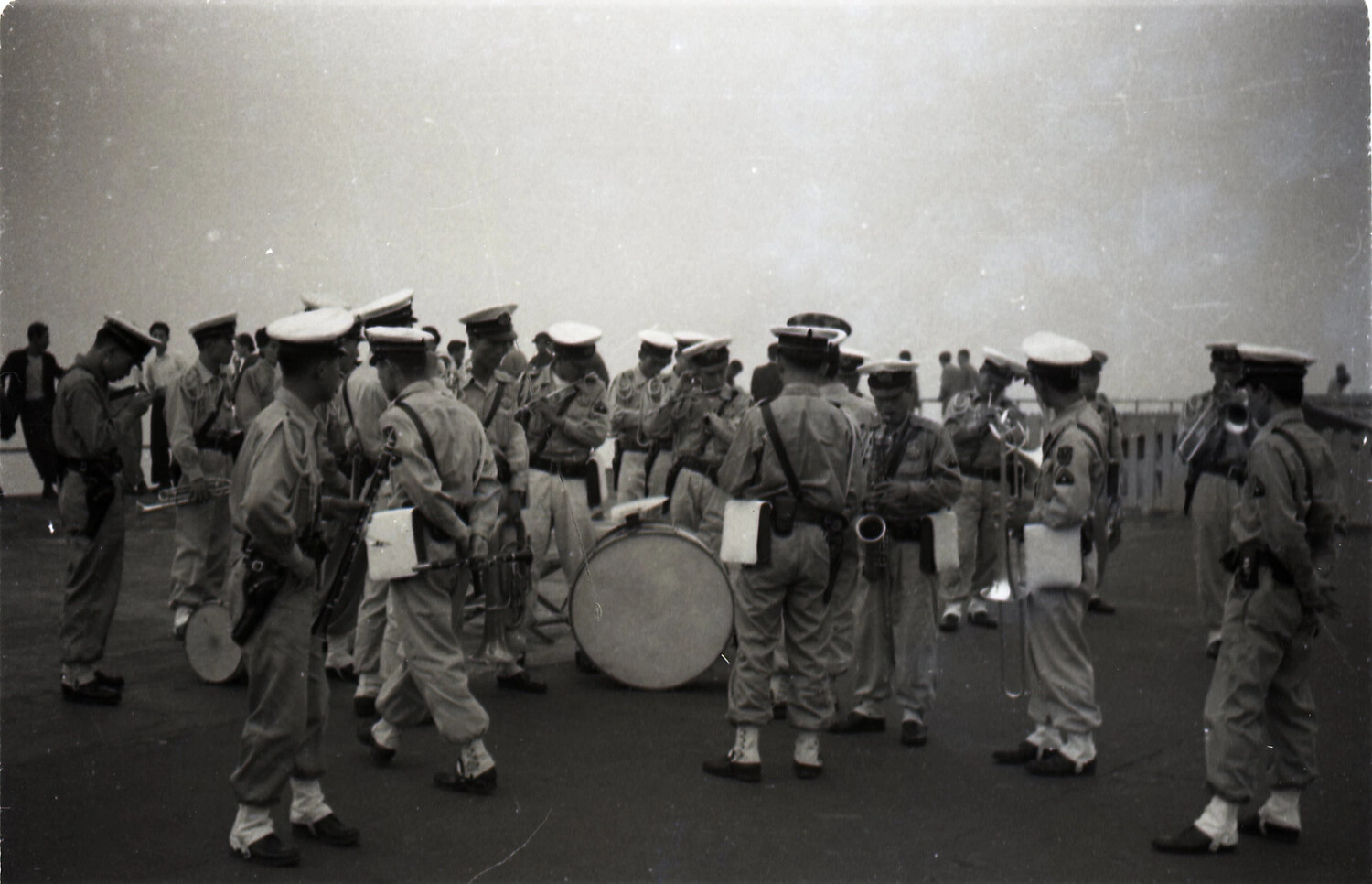 U.S. Navy Shipboard Band Assembling on Deck, Yokohama Area, 1953