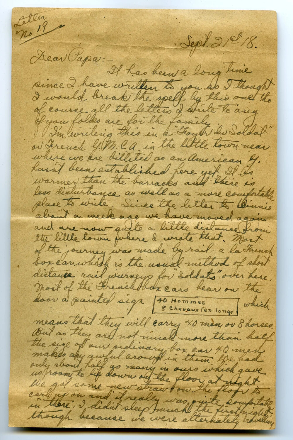 WWI Letter No. 19 from Pvt. Willis W. Wagener to His Father, September 21, 1918
