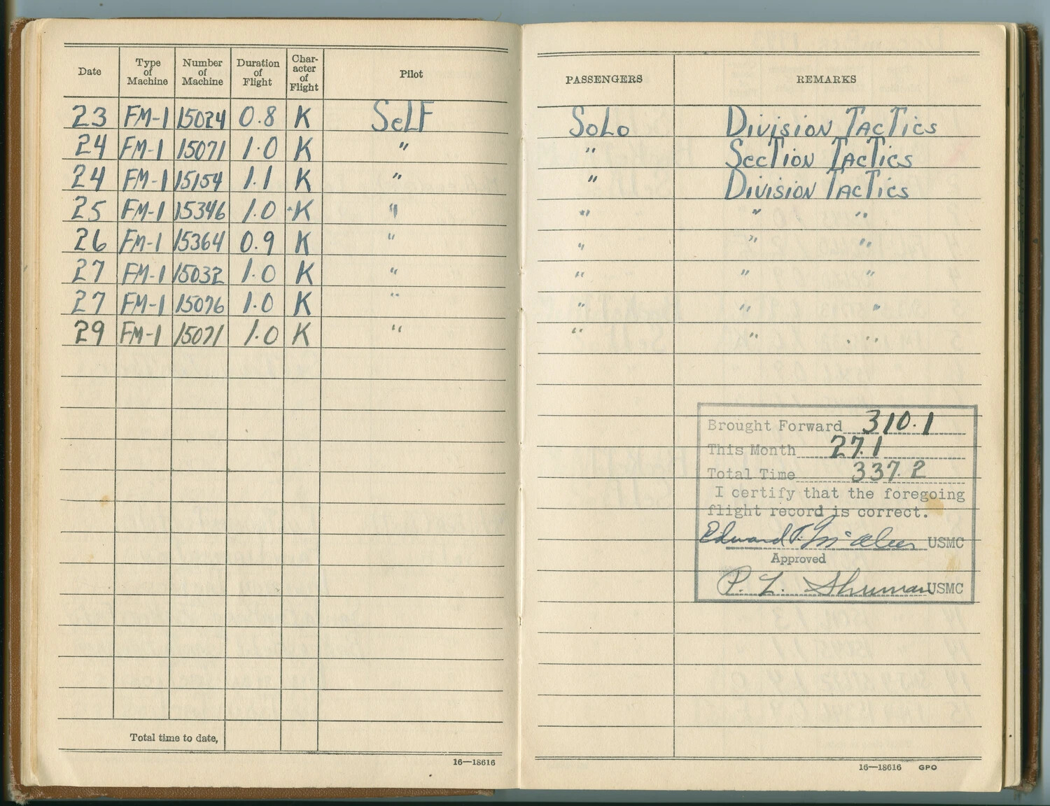 USMC Pilot Flight Log Book Pages -- Edward McAleer, FM-1 Wildcat Training