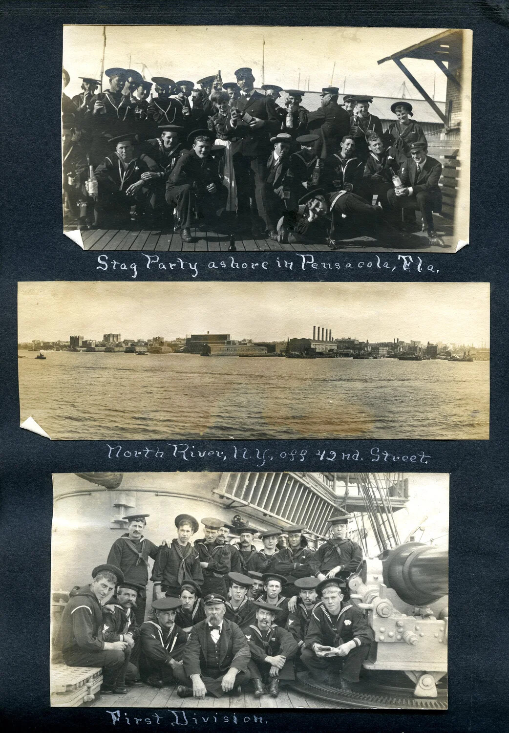USS Columbia Album Page: Stag Party in Pensacola, North River New York Skyline, and First Division Gun Crew
