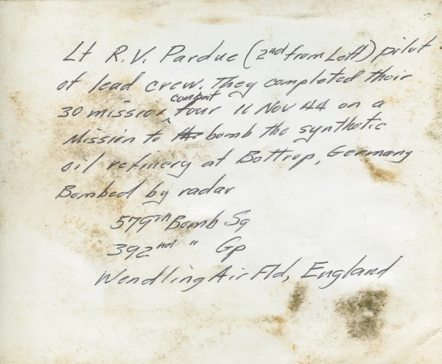 Archival Caption Card: Lt. R.V. Pardue's Lead Crew, 30 Missions Completed, Bottrop Oil Refinery Raid, 11 November 1944
