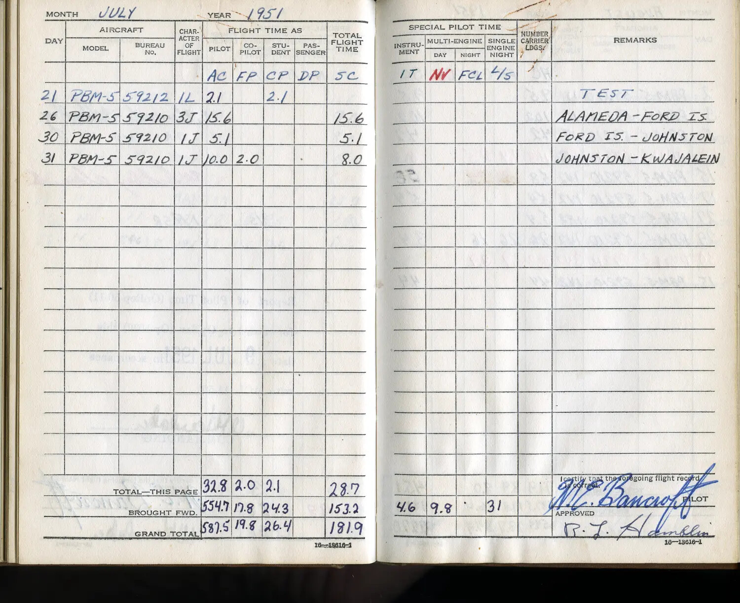 Lt. W.C. Bancroft's Personal Flight Logbook, July 1951 - PBM-5 Mariner Pacific Transit Flights